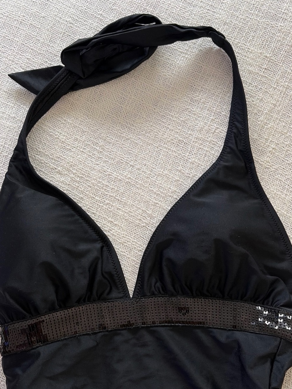 Black Halter One-Piece Swimsuit with Sequin Band